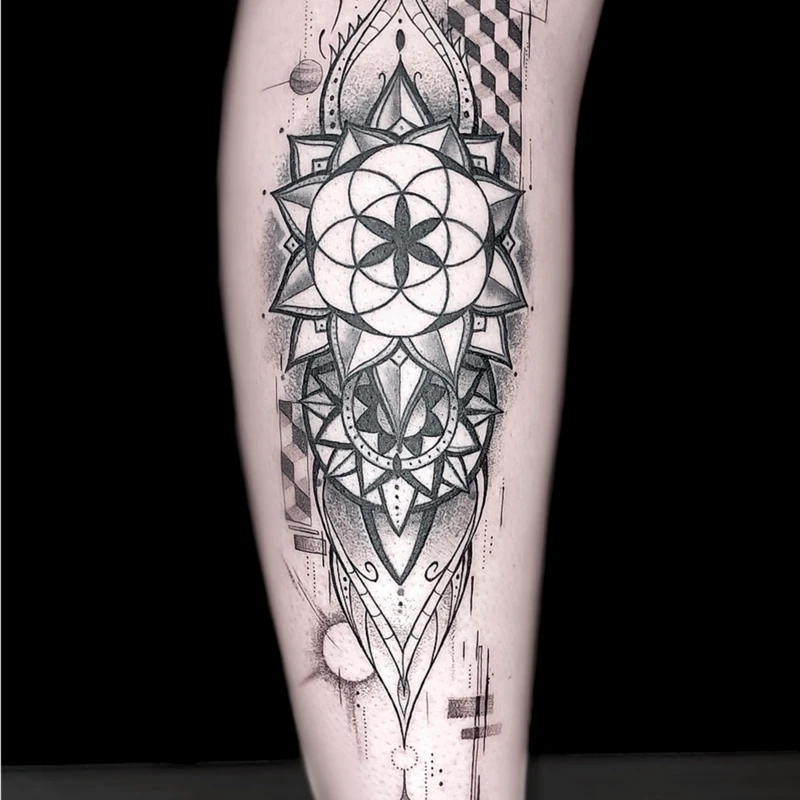Tattoo am Arm in Schwarz-Weiß, gestaltet von Ephrahim Bachmann aus St. Gallen, zeigt detaillierte, kunstvolle Muster.