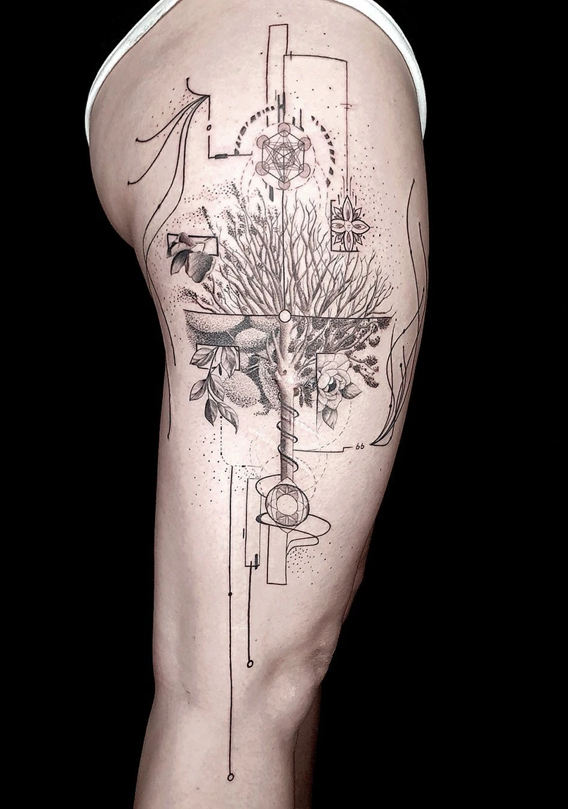 Tattoo am Bein  gestaltet von Ephrahim Bachmann aus St. Gallen, zeigt detaillierte, kunstvolle Muster.